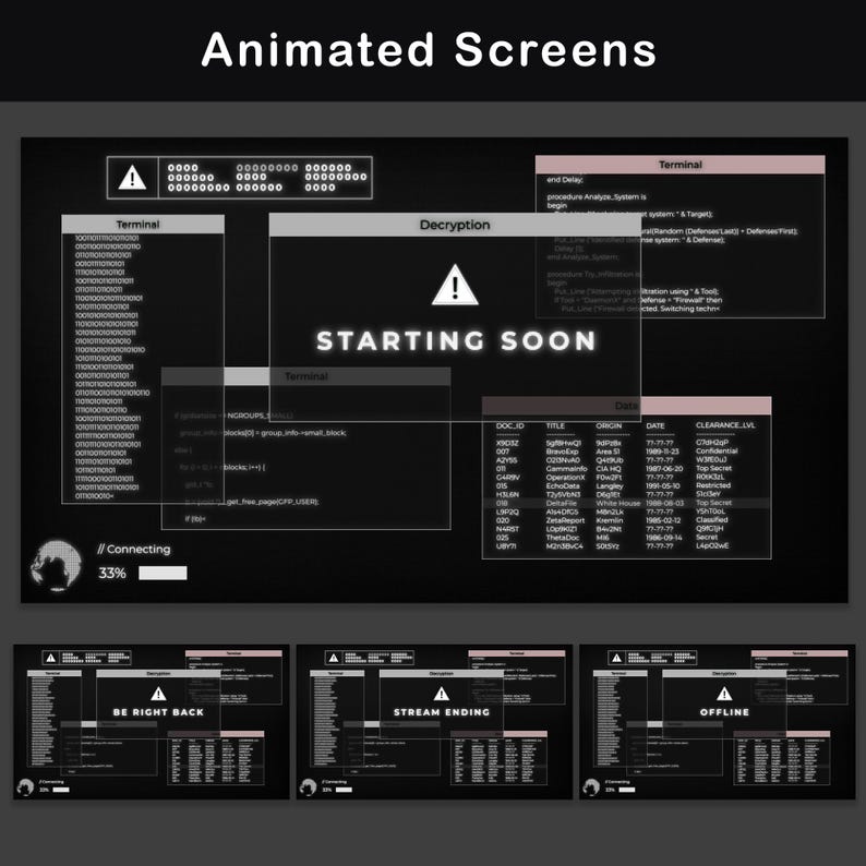 Animated screens in retro terminal style, including "Starting Soon," "Be Right Back," and "Stream Ending" screens with glitch effects.