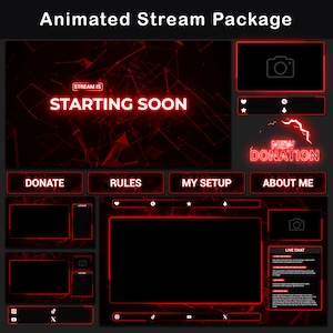 Animated Stream Package Dark  | Minimal Twitch OBS Overlay, Black & Red Neon Pack, Alerts, Screens, 38 Panels, Webcam, Transition, Labels