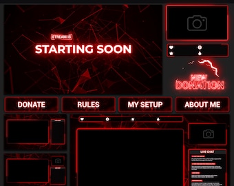 Animated Stream Package Dark  | Minimal Twitch OBS Overlay, Black & Red Neon Pack, Alerts, Screens, 38 Panels, Webcam, Transition, Labels