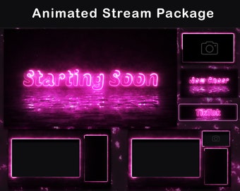 Twitchオーバーレイアニメーションパッケージピンクネオン | ストリームオーバーレイ | アニメーションTwitchアラート | ウェブカメラオーバーレイ | Twitchパネル | スティンガー | チャットボックス