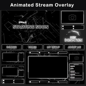Animated Twitch Overlay Package, Black and White Neon Stream Overlay Pack, Minimalist Screens, Alerts and Stinger for OBS and Streamlabs