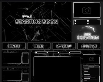 Animated Twitch Overlay Package, Black and White Neon Stream Overlay Pack, Minimalist Screens, Alerts and Stinger for OBS and Streamlabs