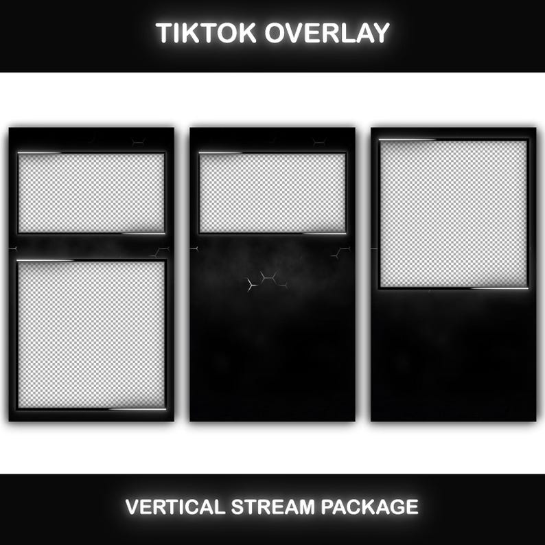 TikTok Overlay Animated Black & White Package, Vertical Streaming Overlay Pack, Stream Layout, Dark Overlay for TikTok Live