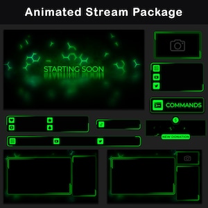 Sobreposição animada do Twitch Pacote verde Mínimo Dark Stream Overlay Alertas animados Twitch Webcam Overlay Telas animadas Twitch Stinger