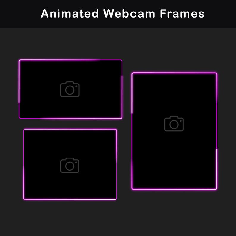 Set of pink neon webcam frames in horizontal, square and vertical proportions, with glowing magenta borders and simple camera placeholders showing how the frames fit different stream camera layouts.