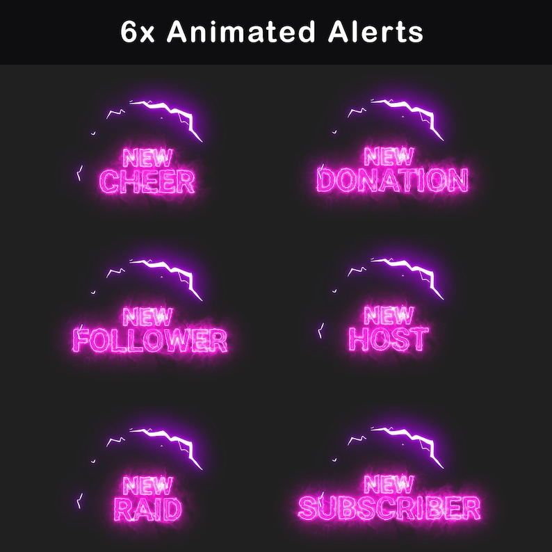 Pink neon stream alert graphics with electric glow effects for cheer, donation, follower, host, raid and subscriber notifications, using bright magenta text and lightning-style accents on a dark presentation background.