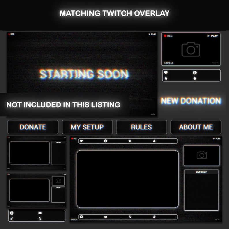 Animated Twitch Overlay Package Retro TV VHS, Dark Stream Glitch OBS Overlay Pack, Screens, Alerts, Webcam, Stinger Transition, Panels, Chat