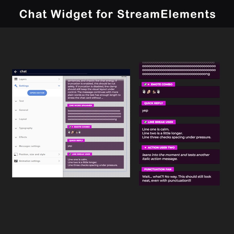 StreamElements chat widget example with a visible widget editor panel and magenta chat message cards, showing styled test messages, emote combo, quick reply, line breaks, action text and punctuation handling.