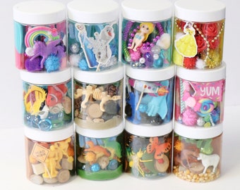 Playdough to go sensory jars, character party favors, dough kids party favors, dough kits, playdough stocking stuffers, goodie bags