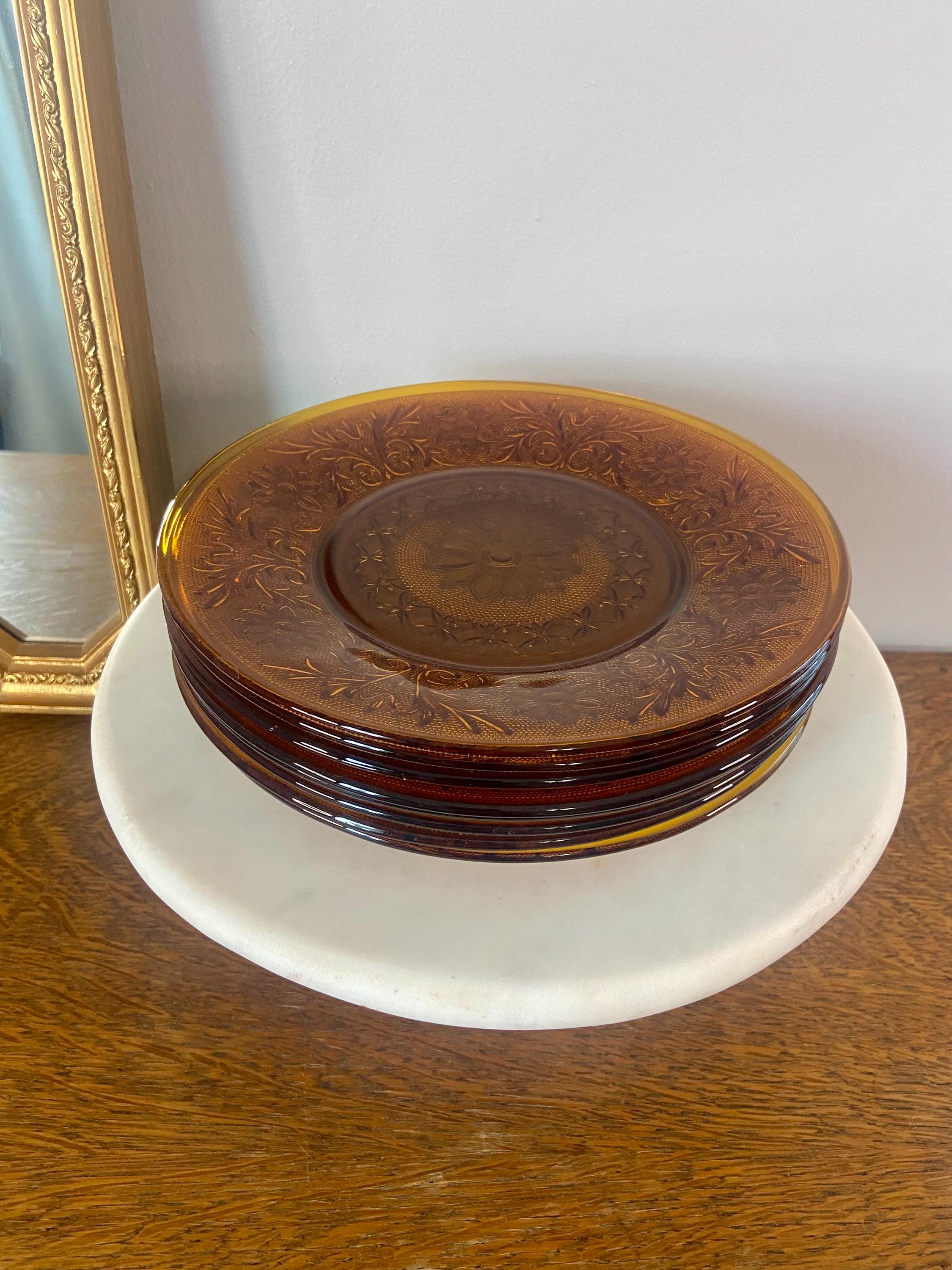 Set of 8 Vintage Amber Tiara Sandwich Glass Dinner Plates – Indiana Glass Co., 9” MCM Style