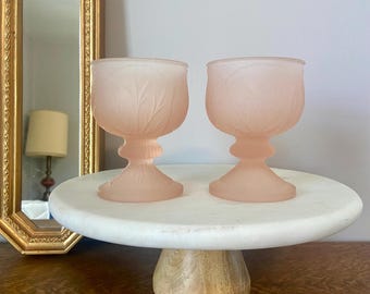 Vintage Pink Frosted Goblets | Indiana Glass Pebble Leaf Dessert Cups