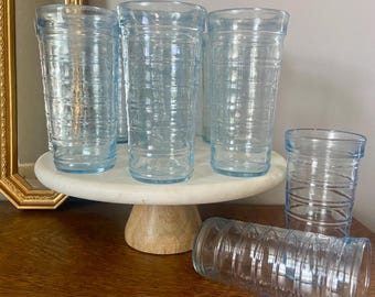 Set of 11 Vintage Light Blue Tumblers – Ringed Stack Design, Mid-Century Glassware