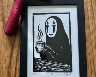 No Face Coffee Print, Hand Carved Linoleum Block Art