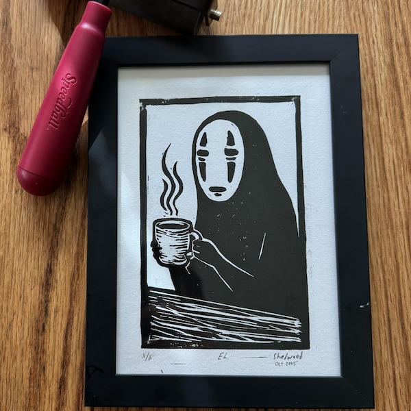 Impresión de café sin rostro, obra de arte en linóleo tallada a mano.