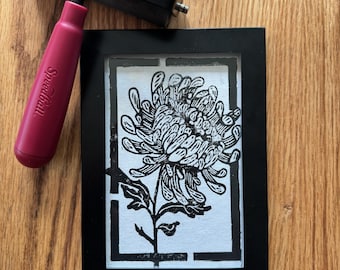 Hand-Carved Chrysanthemum Flower Print on Deckled Edge Paper