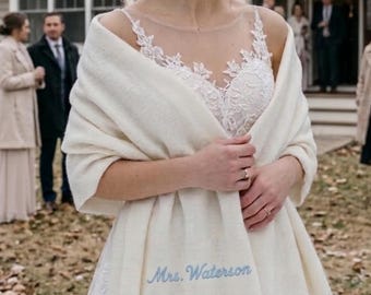 Embroidered Bridal Shawl, Personalized Winter Wedding Mrs. Last Name, Custom Bridal Gift