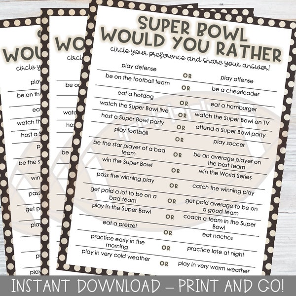 Printable Super Bowl Would You Rather This or That Game / For Kids / Classroom Party / Football