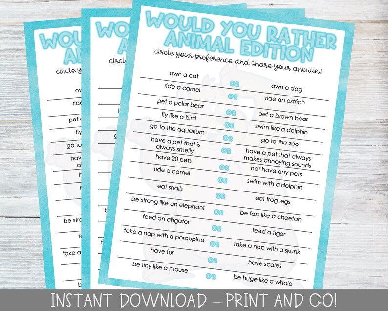 Printable Would You Rather This or That Game / Animal Version / for