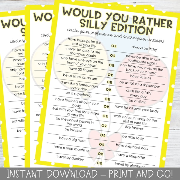 Printable Would You Rather This or That Game / Silly Version / For Kids / Classroom Party / Party Games