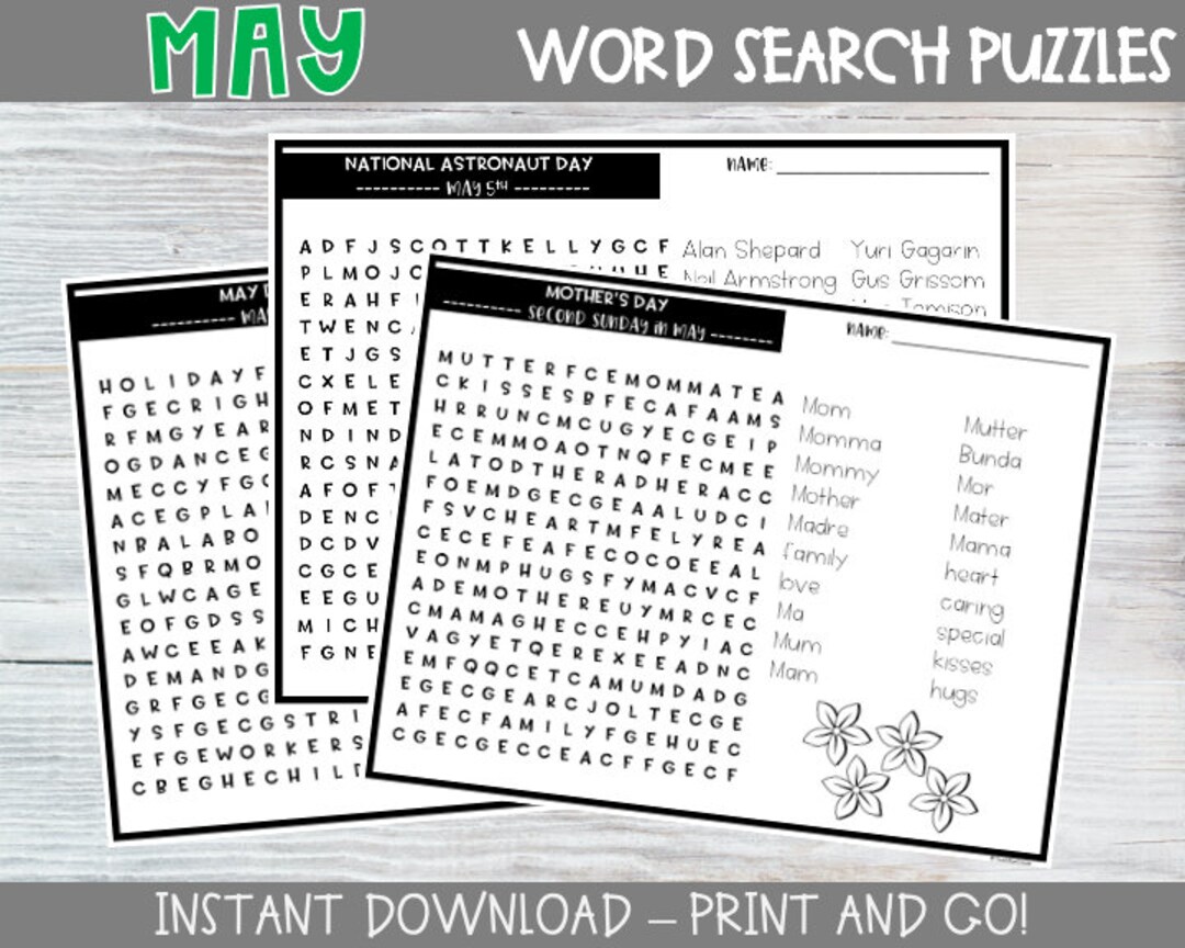 Printable National May Holiday Word Search Puzzles / Digital Download ...