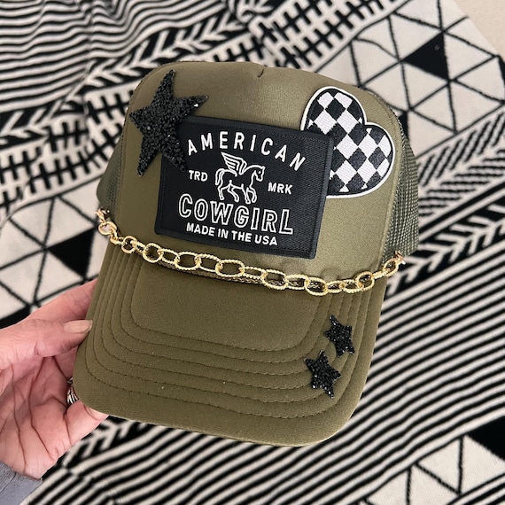 Black Trucker Hat with Checkered Star Patch Checkered Heart Patch Trucker Hat, Glitter Star Accent - Etsy main image 3