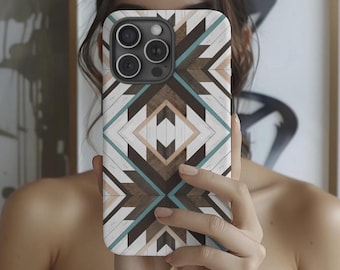 Boho Case for iPhone, Western Mosaic Wood Aztec pattern, Protective tough phone case for iphone or Samsung 15, 16, S23 and S24