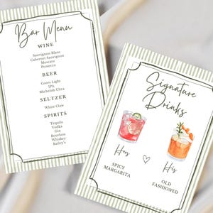 May include: Two white cards with a green striped border. One card reads "Bar Menu" with a list of wines, beers, seltzers, and spirits. The other card says "Signature Drinks" with watercolor illustrations of cocktails, labeled "Spicy Margarita" and "Old Fashioned."