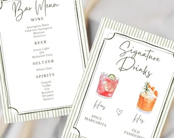Pode incluir: Dois cartões brancos com uma borda listrada verde. Um cartão diz "Bar Menu" com uma lista de vinhos, cervejas, seltzers e destilados. O outro diz "Signature Drinks" com ilustrações de coquetéis, "Spicy Margarita" e "Old Fashioned."