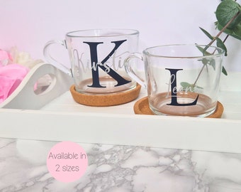 Personalised Initial & Name Glass Mugs, Personalised Glass Mug, Custom Glass Mug, Name Glass Mug, 240ml, 360ml Tea Cup, Hot Chocolate