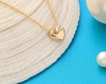 Kleine 14K gouden hartketting, minimalistische harthanger, 14K massief gouden jubileumketting, handgemaakte liefdeketting, verjaardagscadeau