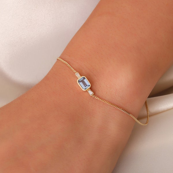 14K Gold Aquamarine Bracelet, Minimalist Gold Aquamarine Bracelet, 14K Real Gold Aquamarine Bracelet, Dainty initial Aquamarine Bracelet