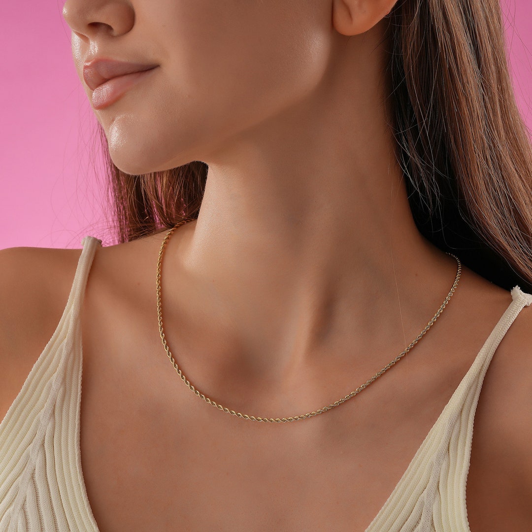 Tiny Rope Chain Tiny Rope Chain Necklace, Dainty Initial Chain Necklace, 3.0 MM Gold ...