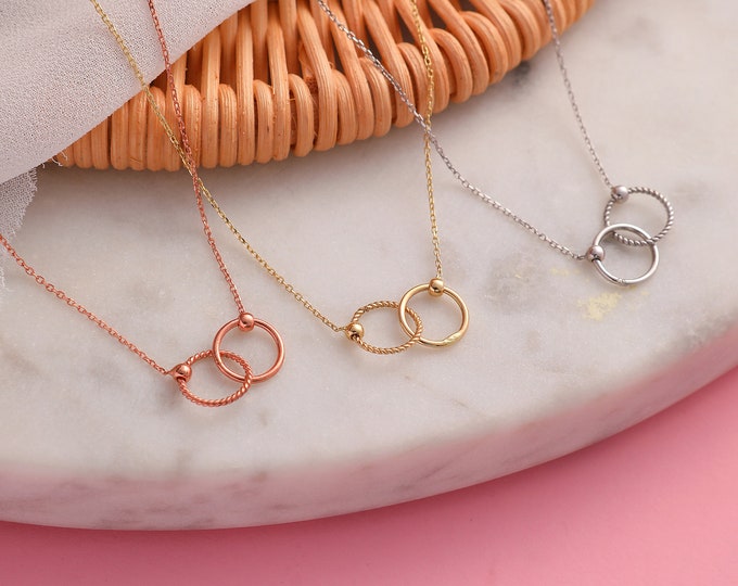 Tiny Interlocking Necklace, Minimalist Gold Double Circle Necklace, 14K Solid Gold Circle Necklace, Dainty initial Interlocking Pendant