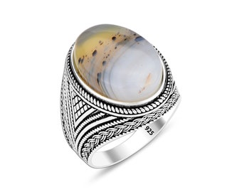 Yemen Agate Silver Men's Ring | 925 Sterling Silver Simple Agate Ring | Gift Idea for Men