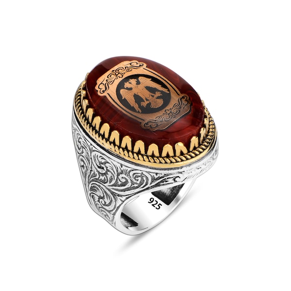 Exquisite Turkish 925K Pressed Amber Stone Ring with Seljuk Seal Double Headed Eagle, Unique Anatoli Style Men's Silver Ring