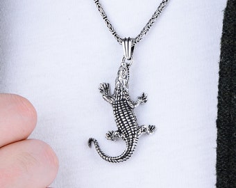 925K Silver Crocodile Pendant Necklace for Men - Handmade Turkish Byzantine Chain Necklace - Luxury Men's Gift Idea