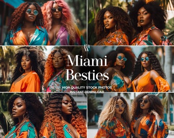 May include: Four women with curly hair pose in pairs, wearing colorful summer outfits and sunglasses. The text "Miami Besties" is superimposed on the image.