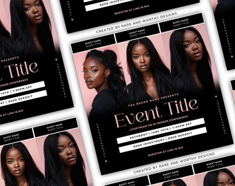 May include: Black and pink event flyer with the text "The Brand Name Presents Event Title" and "Livestream or In-Person Conference". The flyer also includes the date and time of the event, the investment amount, and a link to register.