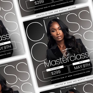 May include: A black and white graphic design for a masterclass event. The design features a woman with long black hair, a white background with a repeating pattern of the letter "S", and the text "The Masterclass" in white. The date of the event is May 9th and the cost is $299. The text "Register now at www.yourwebsite.com" is also included.