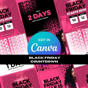 Puede incluir: Una colección de gráficos de redes sociales en rosa y negro con el texto "Black Friday Countdown" y "Edit in Canva". Los gráficos presentan una cuenta atrás para el Black Friday, con el texto "Solo 2 días para el Black Friday".