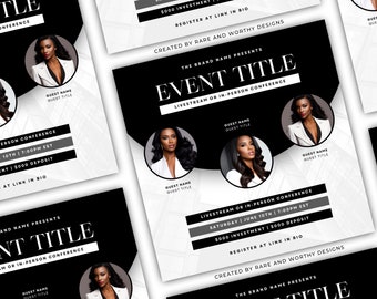 May include: Black and white flyer with the text "EVENT TITLE" in bold white letters. The flyer advertises a livestream or in-person conference on Saturday, June 10th at 7:00 PM EST. The flyer also includes the text "5000 Investment | 5000 Deposit" and "Register at link in bio".