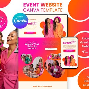 May include: A digital marketing image showcasing an event website Canva template. The design features a vibrant pink and orange color scheme, with the text "Event Website Canva Template." The image includes a tablet and smartphone mockup, and the words "Stunning Images" and "Looks Great On Mobile."