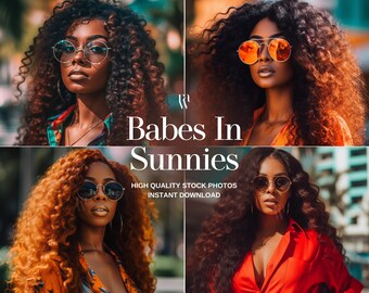 May include: Four images of women with curly hair wearing sunglasses. The women are wearing different colored tops. The text "Babes In Sunnies" is in the center of the image. The text "High Quality Stock Photos Instant Download" is below the text "Babes In Sunnies".