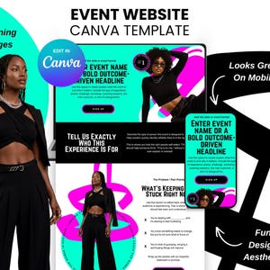 May include: A digital marketing image showcasing an event website Canva template. The design features a woman in black clothing, a tablet and phone mockup, and text that reads "Event Website Canva Template". The design has a fun aesthetic.