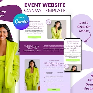 May include: A digital marketing image showcasing an event website Canva template. The design features a woman in a lime green suit, a tablet, and a smartphone displaying the website layout. Text includes "Event Website Canva Template" and "Looks Great On Mobile."
