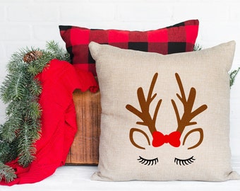 Holiday Throw Pillow Cover - Reindeer - 15" x 15" - Custom Linen Sublimation Pillow Case