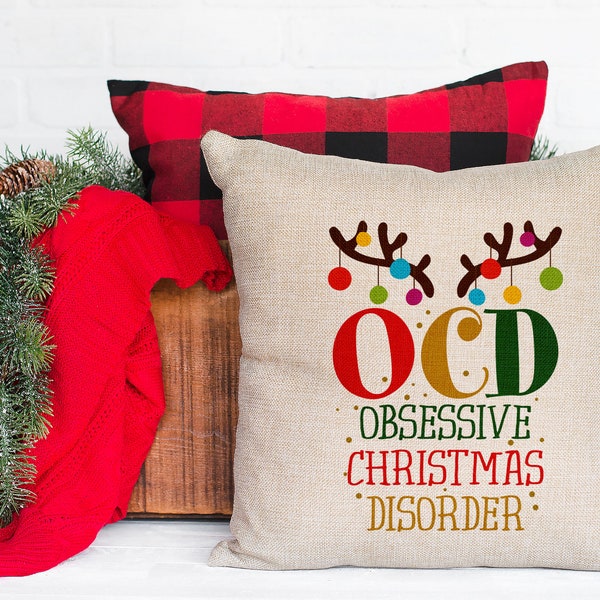 Holiday Throw Pillow Cover -  OCD Obsessive Christmas Disorder - 15" x 15" - Custom Linen Sublimation Pillow Case
