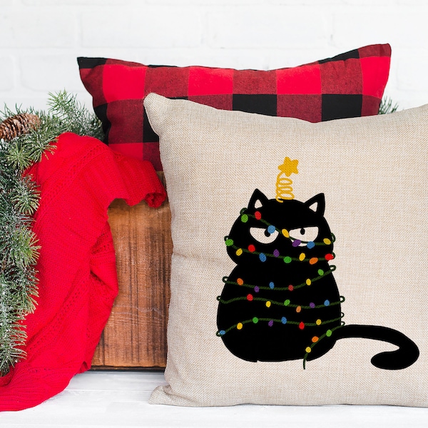 Holiday Throw Pillow Cover -  Cat Christmas - 15" x 15" - Custom Linen Sublimation Pillow Case