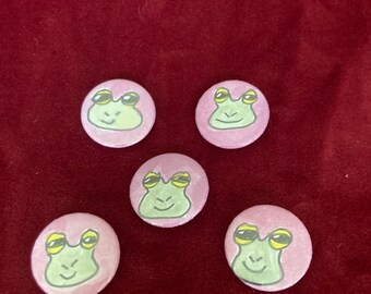 Frog button with pink background hand painted watercolor non-binary