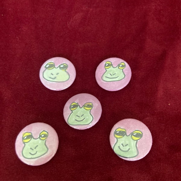 Frog button with pink background hand painted watercolor non-binary